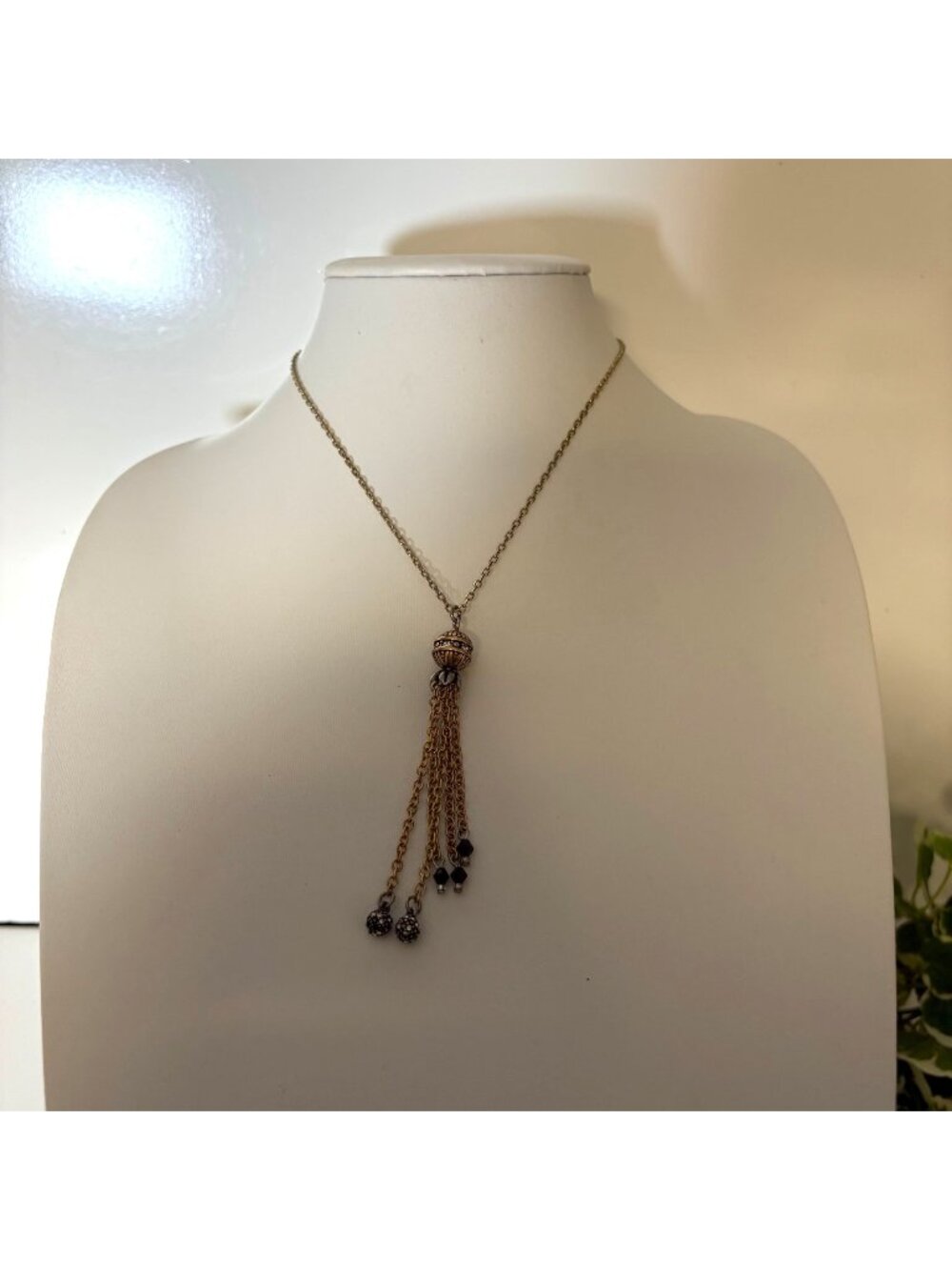 Gold-Tone Chain Tassel Pendant Necklace Black Bead Rhinestone Accents 17 inch